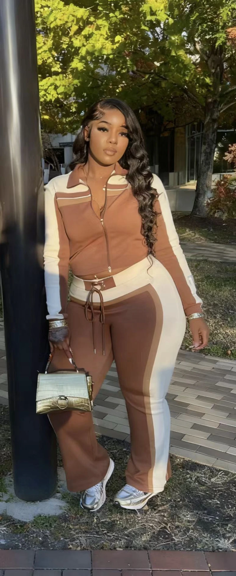 STYLOWY DAMSKI ZESTAW SPORTOWY PATCHWORKOWY 2-CZĘŚCIOWY: DAMSKA KURTKA Z DŁUGIM RĘKAWEM NA ZAMKIE BIEGOWE I SPODNIE Z SZARŻĄ, ZESTAW DLA NAJAZDÓW NA JESIEŃ 2025, CASUALOWE DRESY