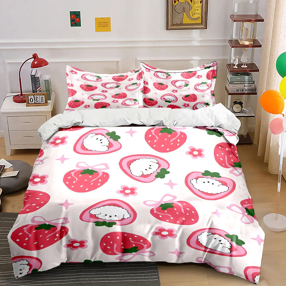 Strawberry and Cute Sheep Illustration Printed Duvet Cover Set 1 Duvet Cover+2 Pillowcase Multi Size Bedroom Bedding Decor