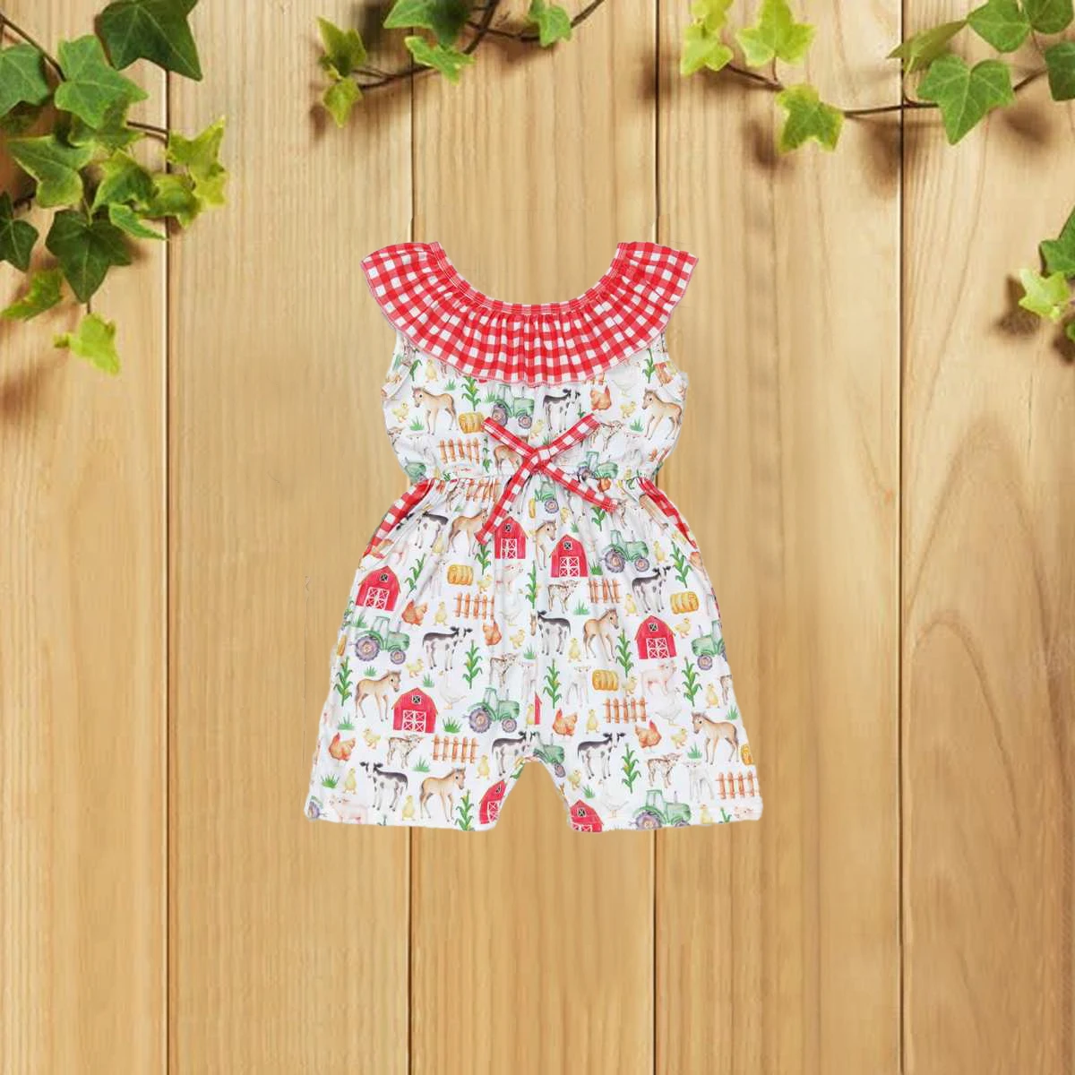 

9.3 Red Plaid Ruffle Trimmed Sleeveless Onesie with Farm Animal Design House Red Color Baby Girl Romper Summer Casual Outfit