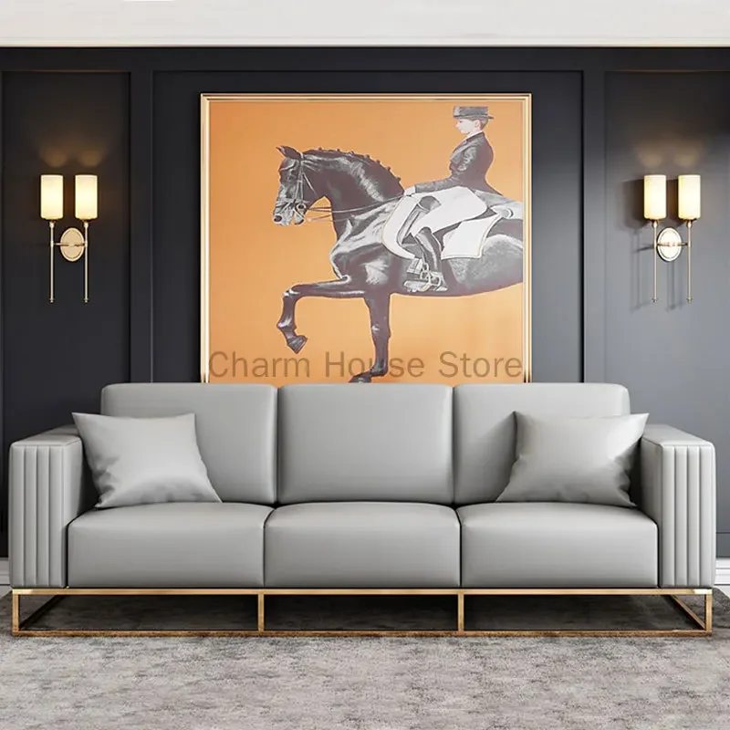 Light Luxury Leather Sofa Set New Nordic High Leg Furniture Simple Stainless G Single Three-person Gray Sofa Width Fabric Style