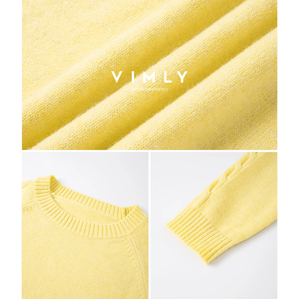 VIMLY jaune pulls femme automne 2025 élégant col rond tricot dame pull décontracté col rond à manches longues femme pulls 75129