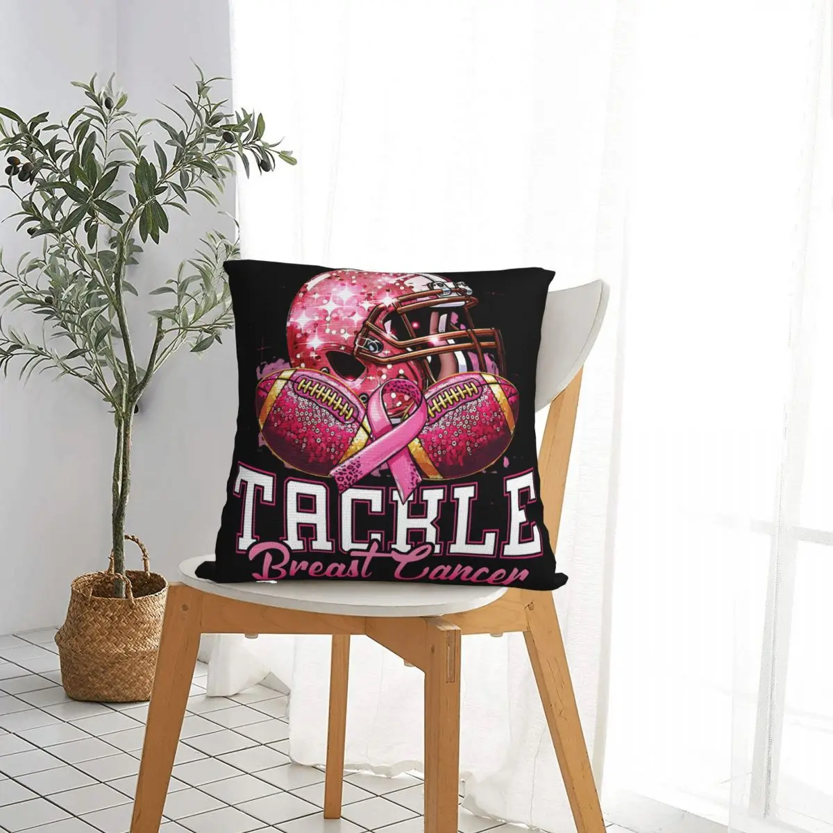 Tackle Breast Cancer Awareness American Football Pink Ribbon Square Pillow Case Polyester Cushions for Sofa Novelty Pillowcase