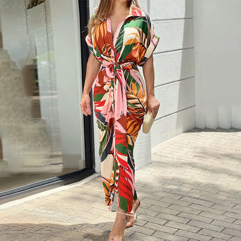 2025 INS Women's Printed Lapel Short Sleeved High Waisted Long Shirt Dress