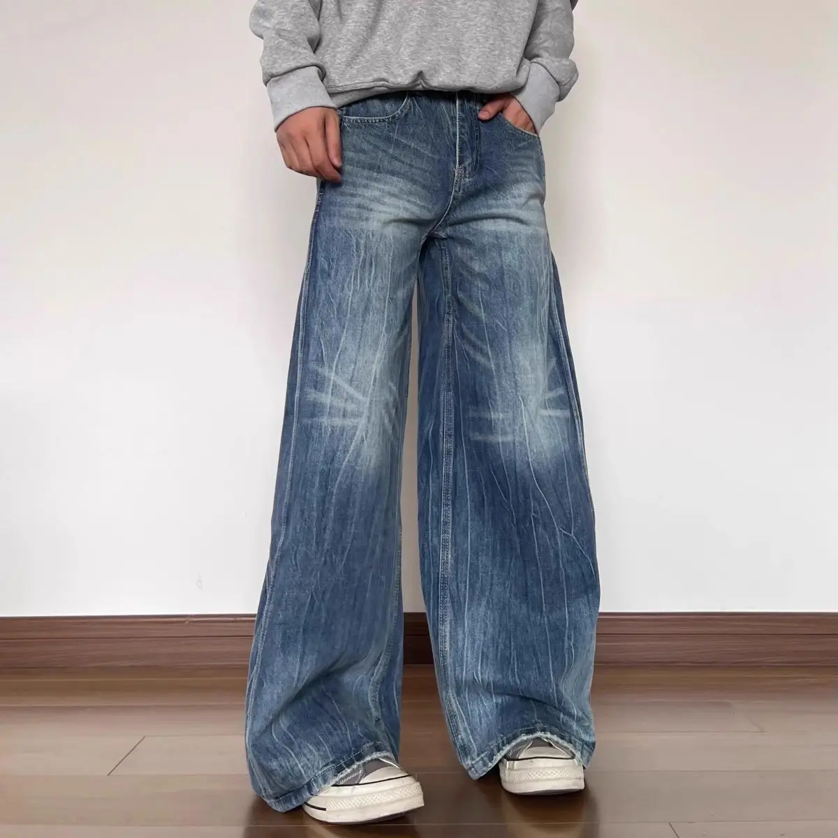 Men's 90s Vibe Blue Jeans Wide Legs Casual Sweatpants Summer Bottom Cool Boy Pants Male High Waist Y2k Cool Trousers