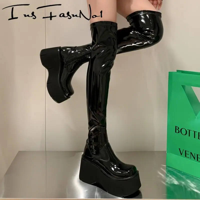 

Ins Hot Spice Girl Thick Bottom Over The Knee Boots Women Chunky Platform High Heel Stretch Boots All Match Fashion Botas Mujer