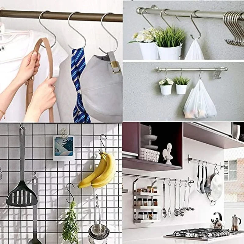 5pcs S-shaped Hook Multi-purpose Stainless Steel Strong Load-bearing Hanging Organizer For Kitchen Bathroom Hanger 5/7/9/11/14cm