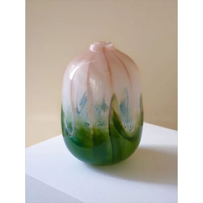 

New Chinese style wabi sand wind pink green gradual change texture pure handmade vase flower ornament