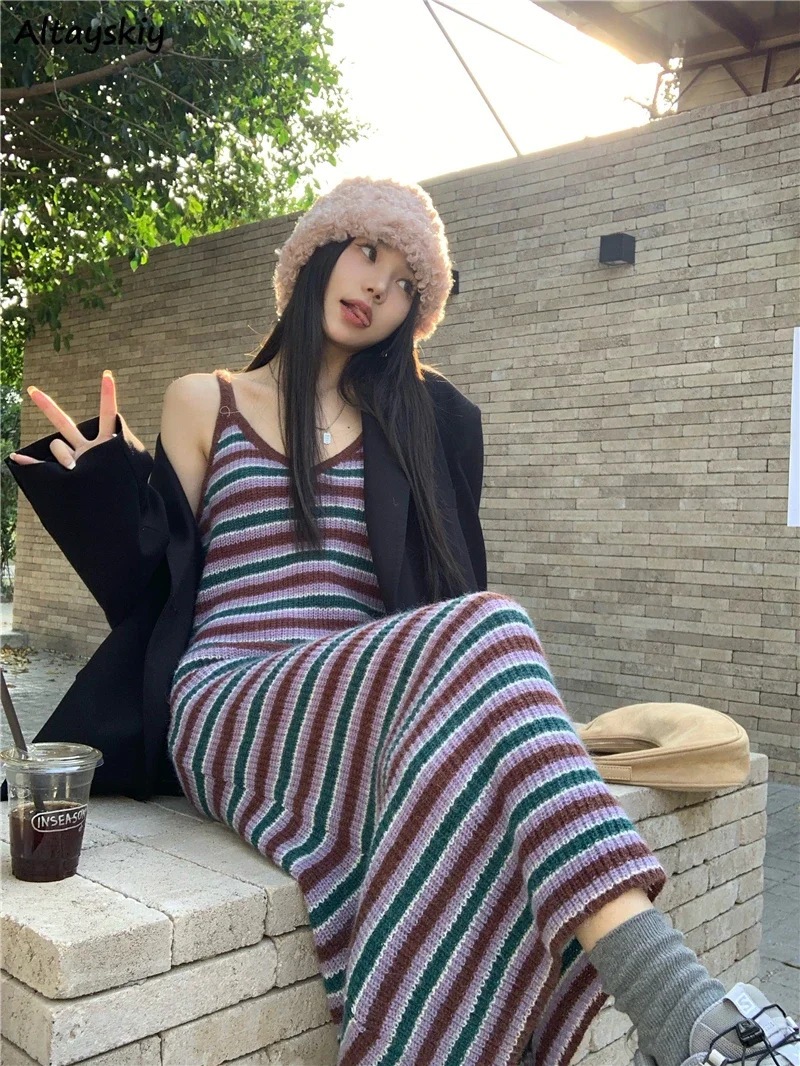 Sleeveless Knitted Dresses Women Striped Layering Y2k Chic Basic All-match Autumn Niche Girls Retro Ulzzang V-neck Sexy Cozy New