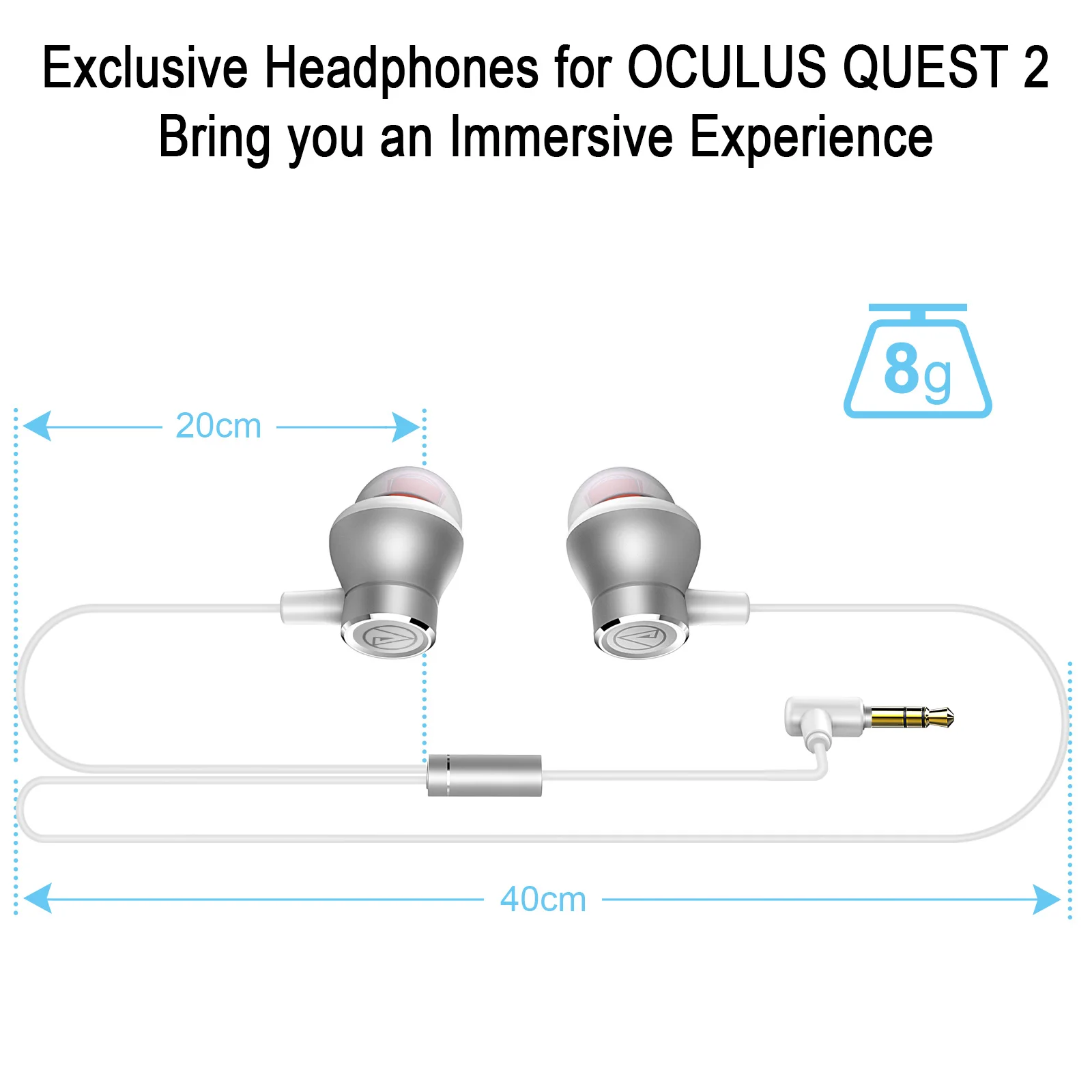 OKCSC Q50 VR الألعاب سماعات أذن داخل الأذن ل كوة كويست 2 | ميتا كويست 2 ، مخصص طول كابل ل ميتا كويست 2 VR سماعات الألعاب