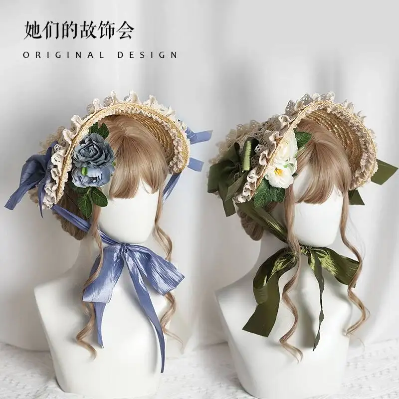 chapeau-de-paille-multicolore-style-lolita-fait-main-elegant-et-magnifique-avec-fleur-verte-et-bleue