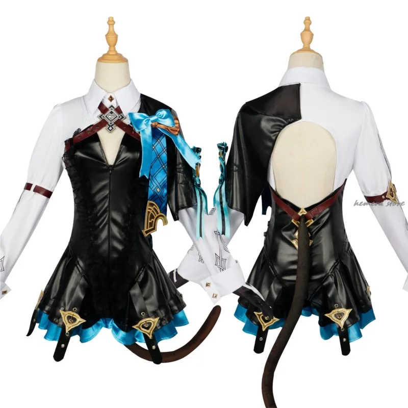 Lynette Cosplay Genshin Impact Costume Parrucca Fontaine Lyney Uniforme in pelle Abito Capelli lunghi Orecchie Gonna Guanto Vestito Coda Mago