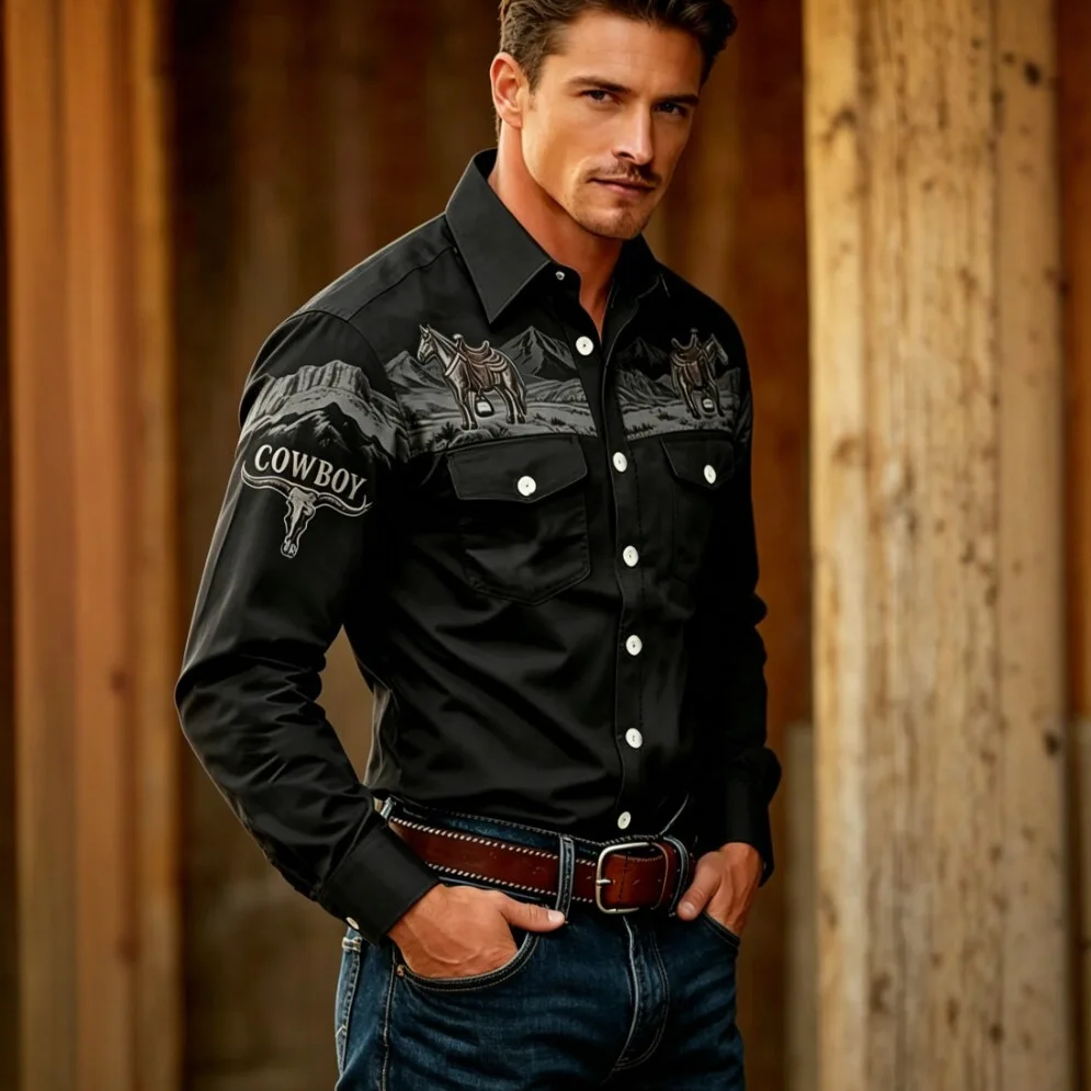 Casual Men's Long Sleeve Shirt Vintage Ethnic Style No Ironing Required Spring Autumn Seasonal Comfortable Fit Printed Pattern