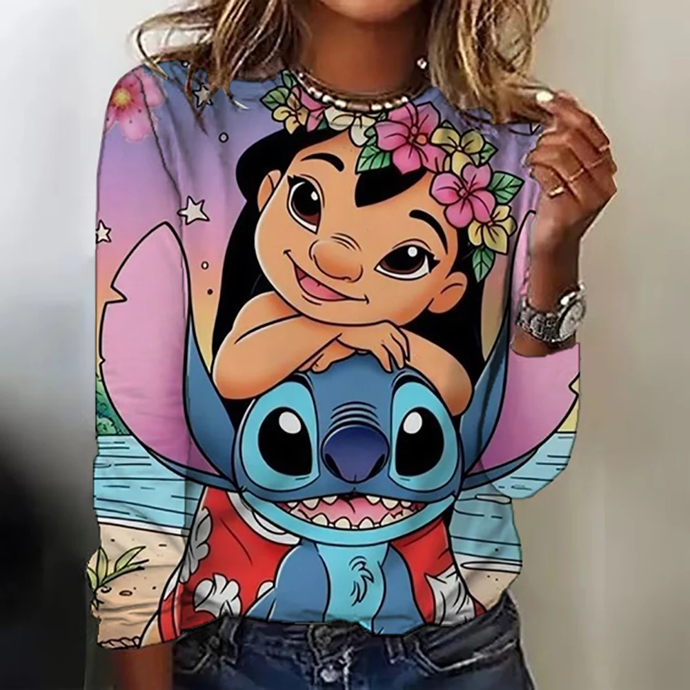 Womens Fashion Disney Stitch print T-Shirt Black White Long Sleeve Shirt Loose Casual Streetwear Tops Trendy Ladies Fashion Rule