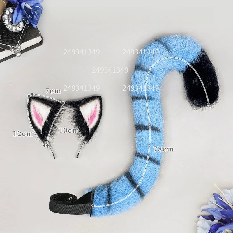 Tiger Ears Anime Movie Cosplay Headwear Woman Plush Animal Blue Tail Comic-con Stage Performance Props Party Costume Accessories