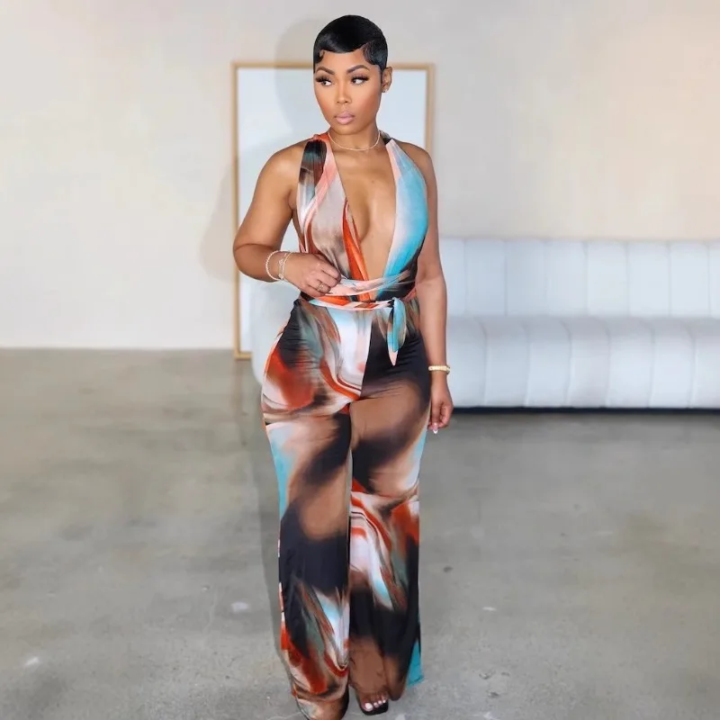 

Сексуальный комбинезон с глубоким v-образным вырезом и открытой спиной, женский комбинезон без рукавов, широкие брюки с принтом, элегантный цельный комбинезон, клубная одежда