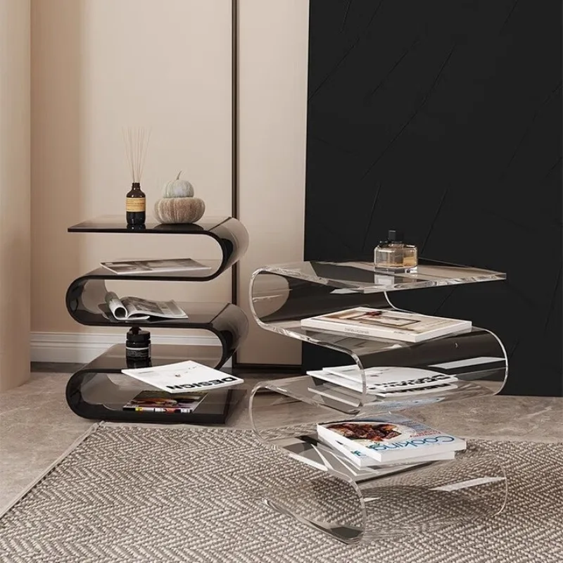 

Cream-Colored Transparent Table / Bedside Table - Modern Geometric Magazine Organizer with Shelf, Stylish Minimalist Home Decor