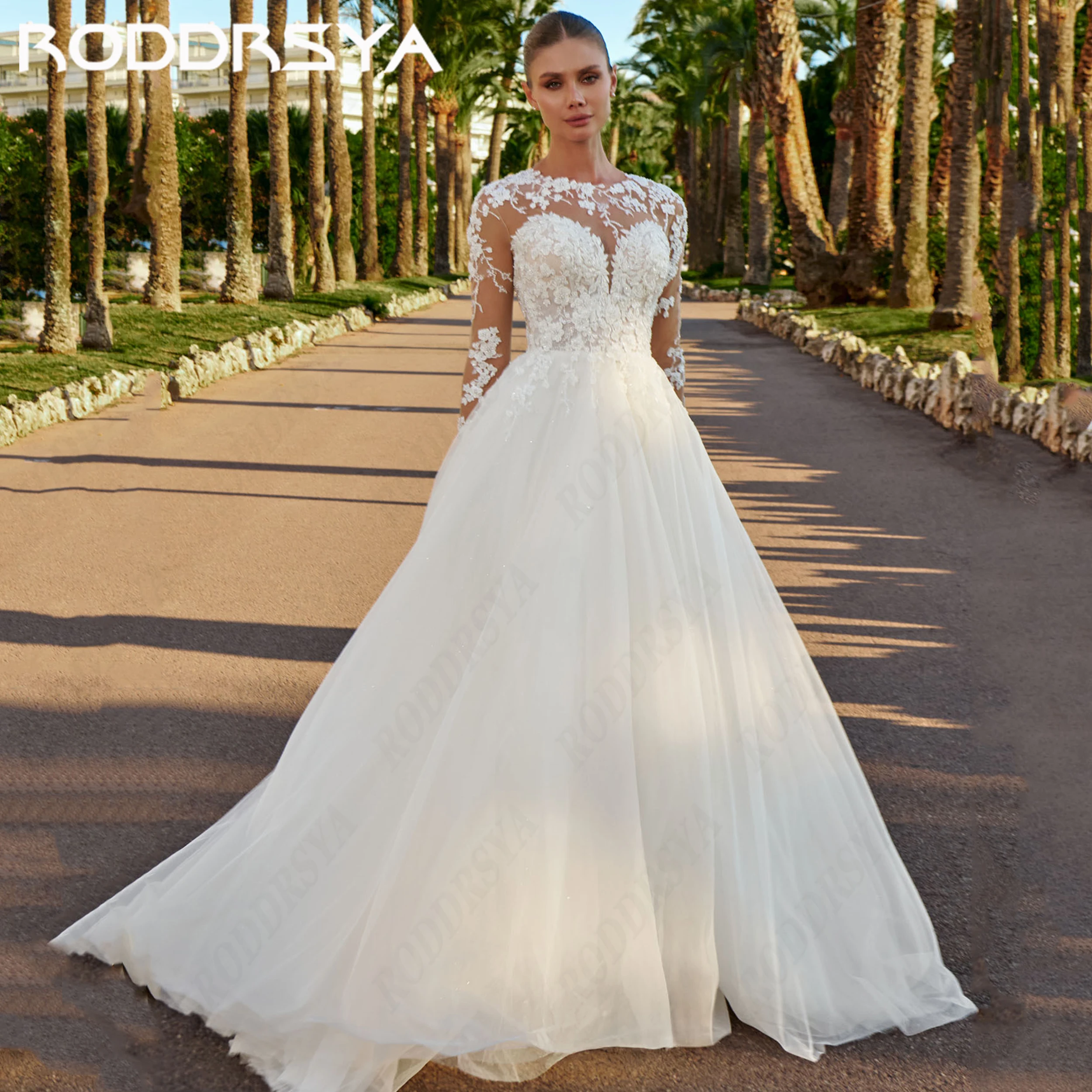 RODDRSYA Customized Wedding Dress Tulle Applique Fitted Long Sleeves Bridal Dresses Illusion Tulle A Line Bride Gown For Women