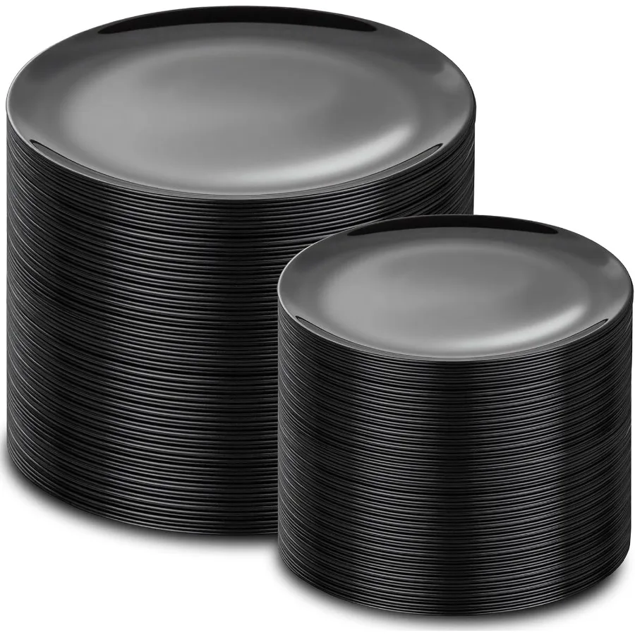 

200PCS Black Plastic Plates - Heavy Duty Halloween Black Disposable Include 100 Each (10 inch Dinner & 7 inch Dessert) Plates