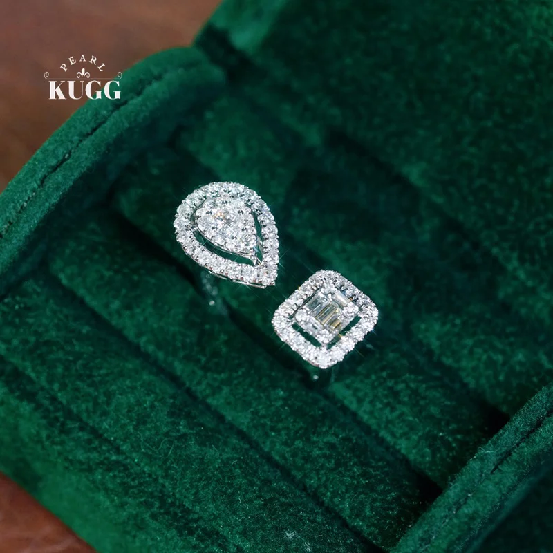 KUGG 100% 18K White Gold Rings Fashion Design 0.88carat Real Natural Diamond Open Ring for Women Wedding High Party Jewelry