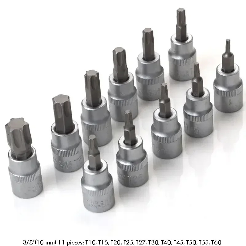 3/8 Inch & 5/16 Inch Drive Bit Socket Set 34 Piece Torx Bit & External Star Socket Set with Carrying Case, (T10-T60, E4-E20)