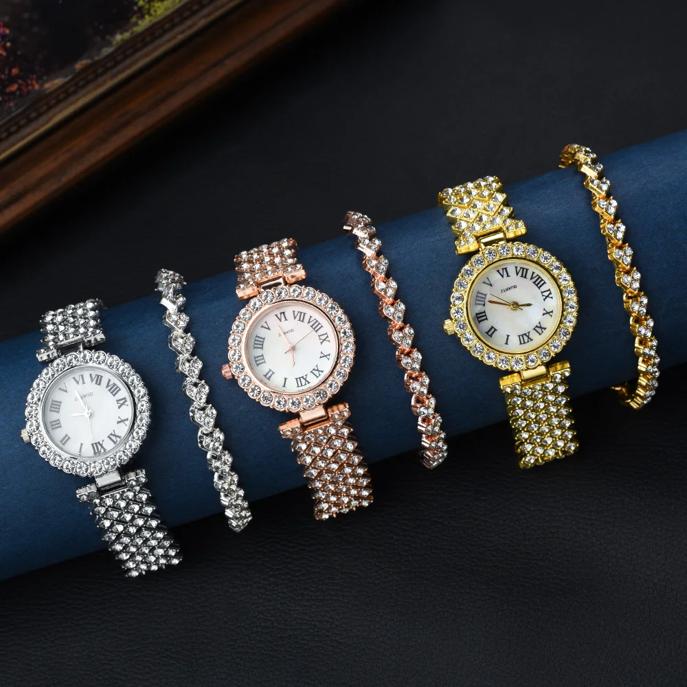 2PCS Luxury Diamonds Watch Bracelet Set Women Quartz Watches Ladies Brand Crystal Dress Pink Wrist Watch Clock Relogio Feminino