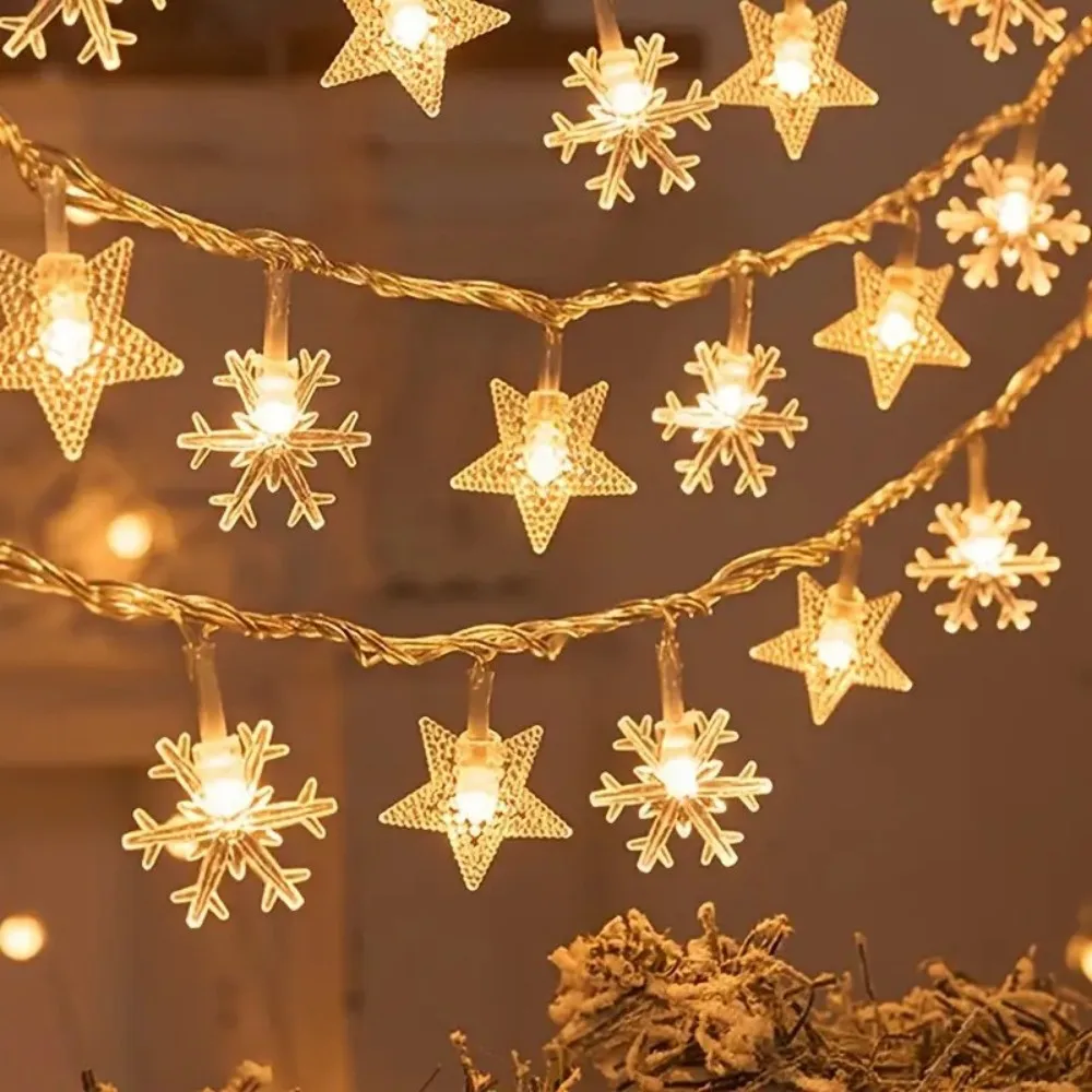 1.5M/3M LED Battery Powered Star Snowflake Fairy String Lights,Christmas Window Decoration,Indoor Balcony Holiday Party Lighting