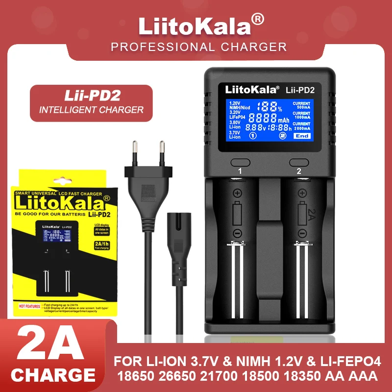 LiitoKala Lii-PD2/S2 ładowarka do 18650 26650 21700 18350 AA AAA 3.7V/3.2V/1.2V baterie litowe NiMH 18650 ładowarki