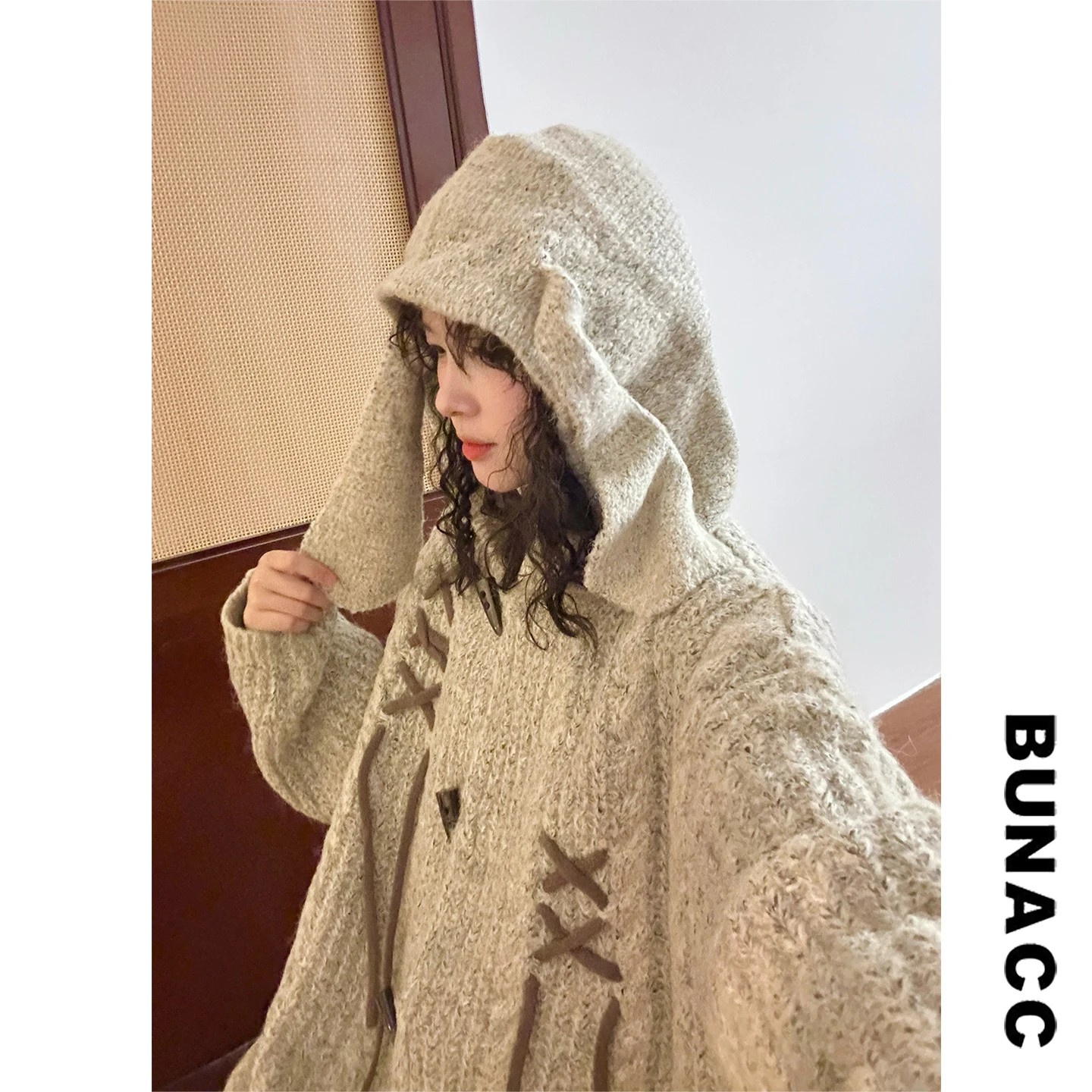 

Женский вязаный кардиган свободного кроя Street Sle, осенне-зимнее пальто с капюшоном и ушками кролика, длинное пальто с капюшоном