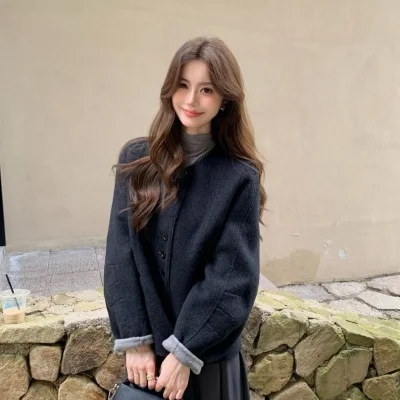 2026 new double-sided woolen coat for women, short round neck, small and versatile, slimming woolen coat
