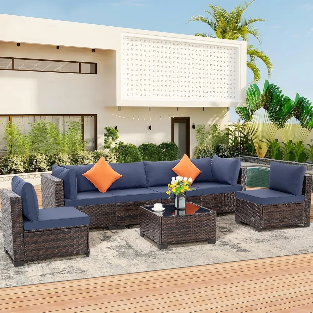 7 Pieces Outdoor Patio Furniture Set, Wicker Sectional Sofa Set Rattan Patio Conversation Sets with Cushions Couch Set &