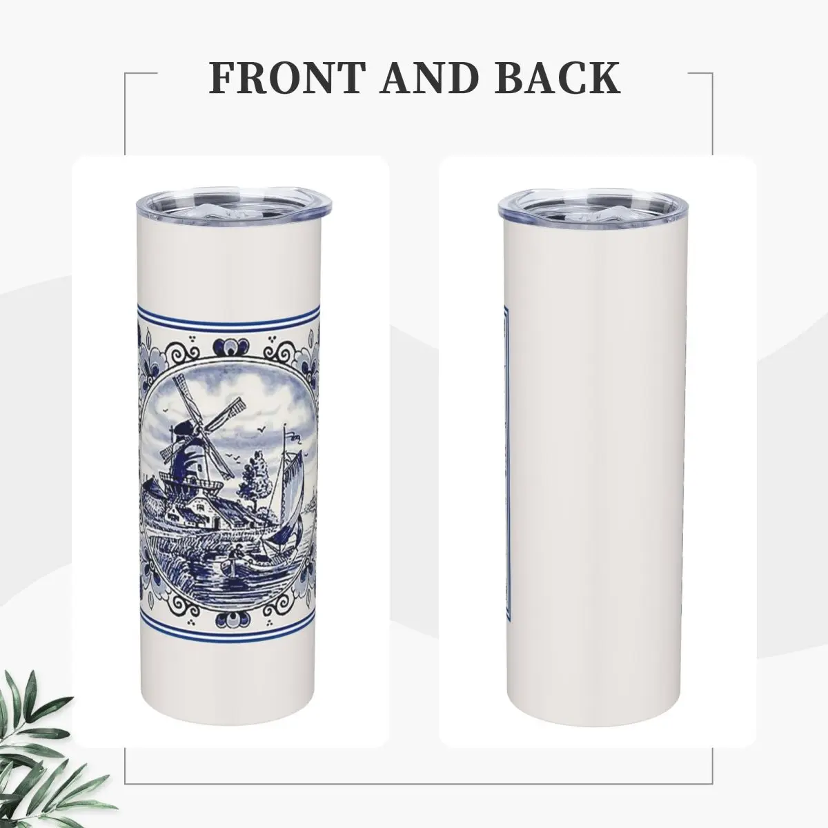 Dutch Blue Delft Vintage Windmill Print Stainless Steel Tumbler Vacuum Insulated Mug Thermal Cold Cups Straw With Lid 20oz