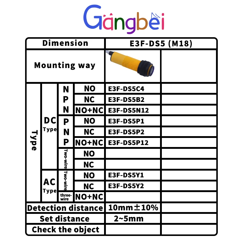 E3F-DS5C4/B2/P1/P2/Y1,Y2/N12/P12 Sensor Fotoelétrico de 5 cm, NPN Normalmente Aberto M18 DC Três Linha