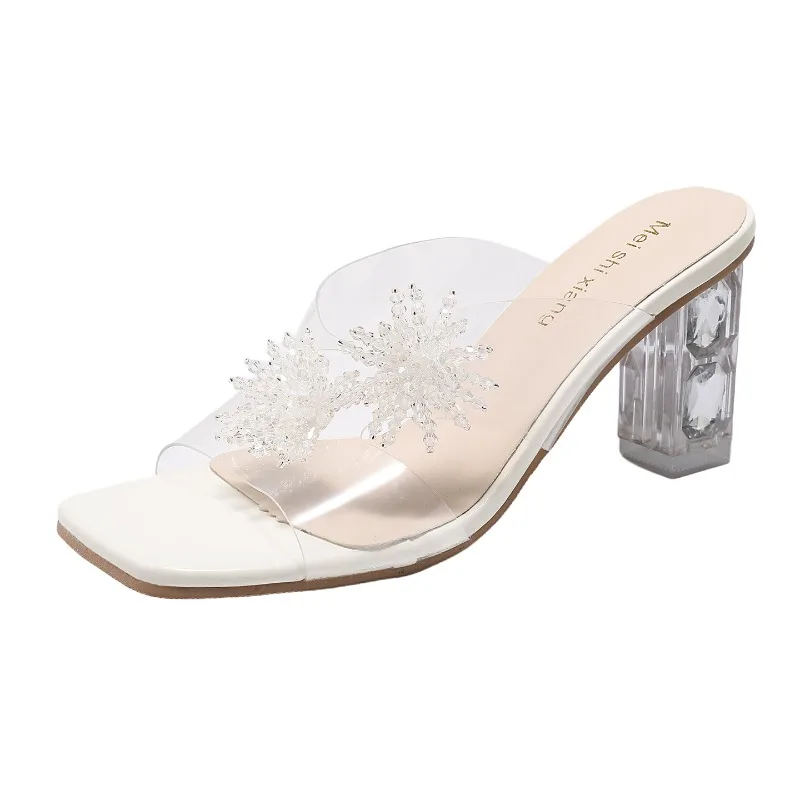 New Women High Heels Water Diamond Flower Sandals with Transparent Thick Bottom Women Shoes Party Dress PVC Slippers Mules Shoes - view 5