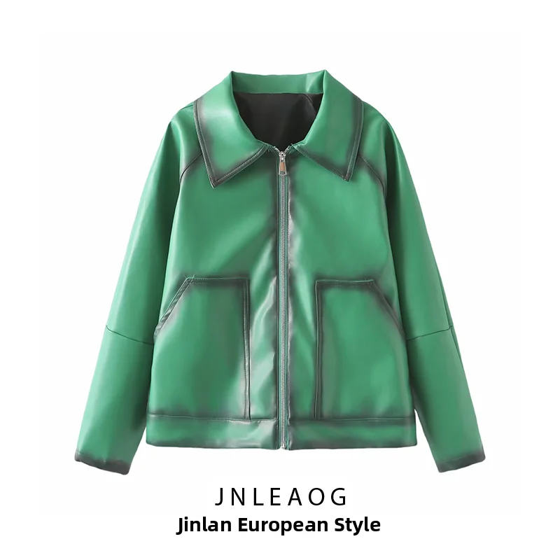 JNLEAOG Summer New Women's Fashion Green PU Leather Flight Jacket Comfortable Retro Style Zipper Closure Standard Fit Short Coat