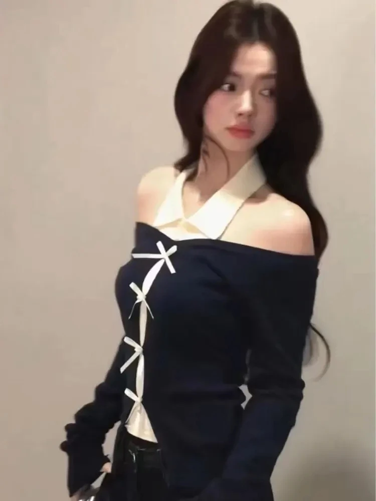 تي شيرت نسائي أسود غير منتظم كوري Camisetas مزيف اثنين مثير تي شيرت المحاصيل القمم شيك قبالة الكتف متماسكة Y2k بلايز 2025 Ropa Mujer