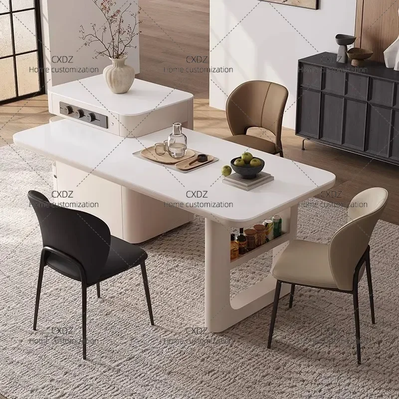 Cream Rock Slab Kitchen Island Table with Retractable Rotating Top Integrated Microwave Storage Cabinet for Small Apartments