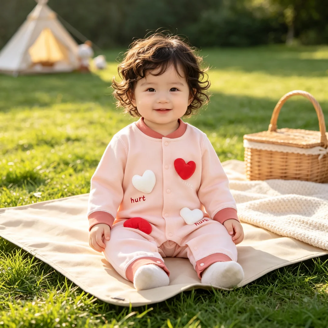 Autumn New Baby Bodysuit Infant Heart Applique Contrast Cuffs Long Leg One Pieces 0-2Y Soft Breathable for Boys Girls Clothes