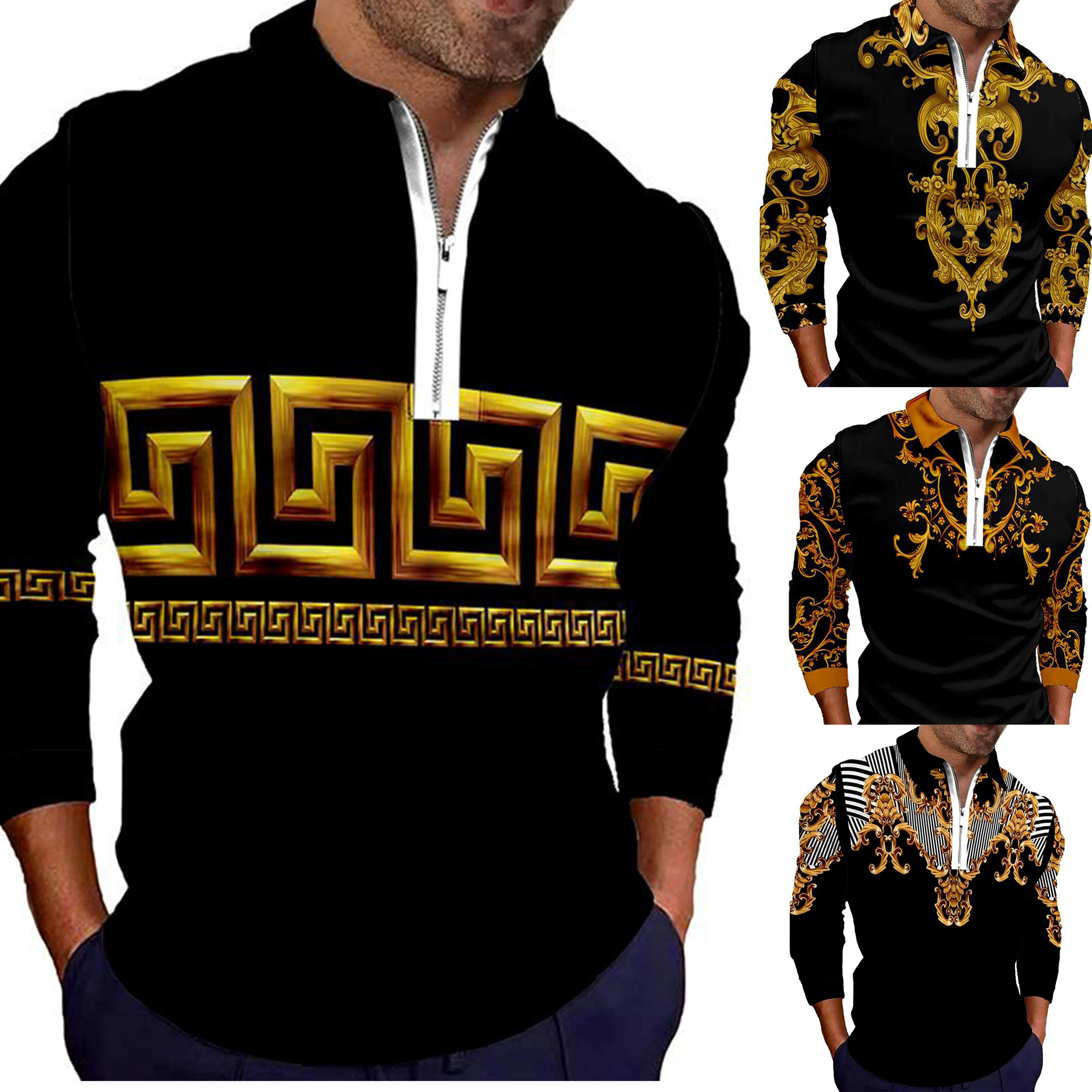 

Spring Autumn New Men Long Sleeve 3D Digital Print Sport Lapel Golf Polo Shirt Men Business Casual Zipper Polo Shirt Tops