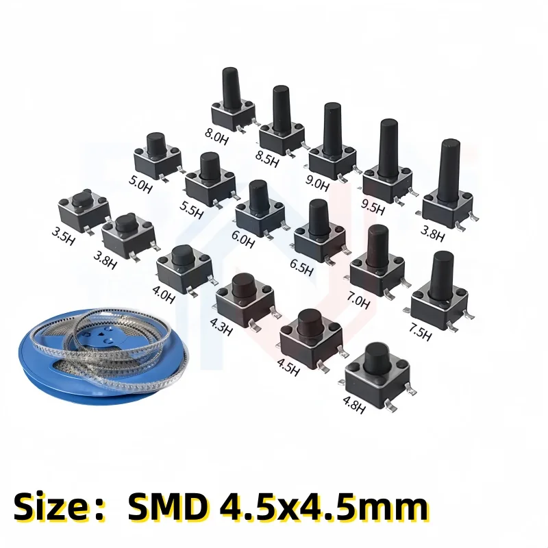 50pcs 4.5*4.5*4/5/6/7/8/9/10/12mm Momentary Tactile Tact Push Button Switch On Off 4 Pins SMD SMT Microswitch Electronic Set