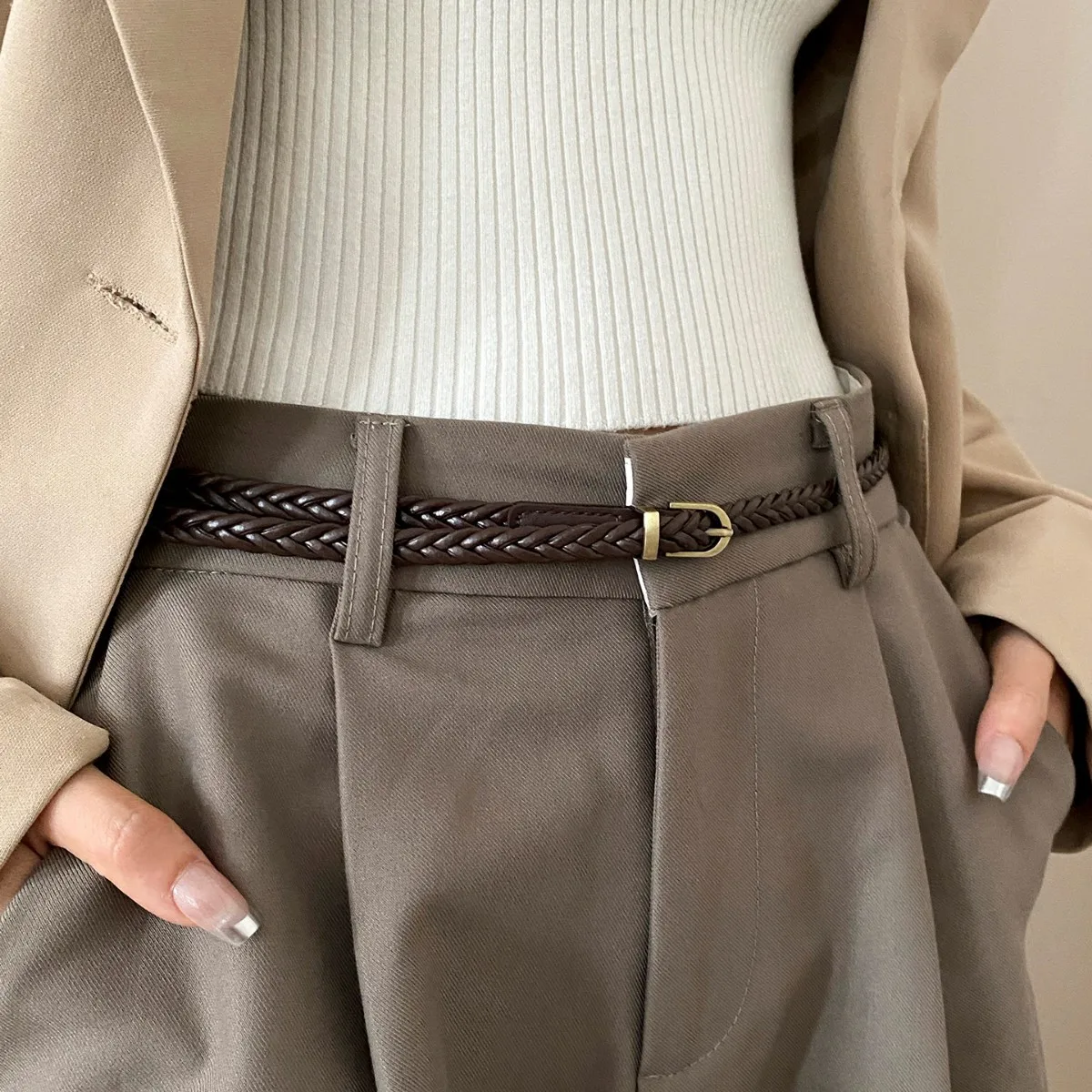 Fashion Casual Women's Braided Belt Gold Alloy Pin Buckle Vintage Personalised Belt High Quality PU Leather Belt