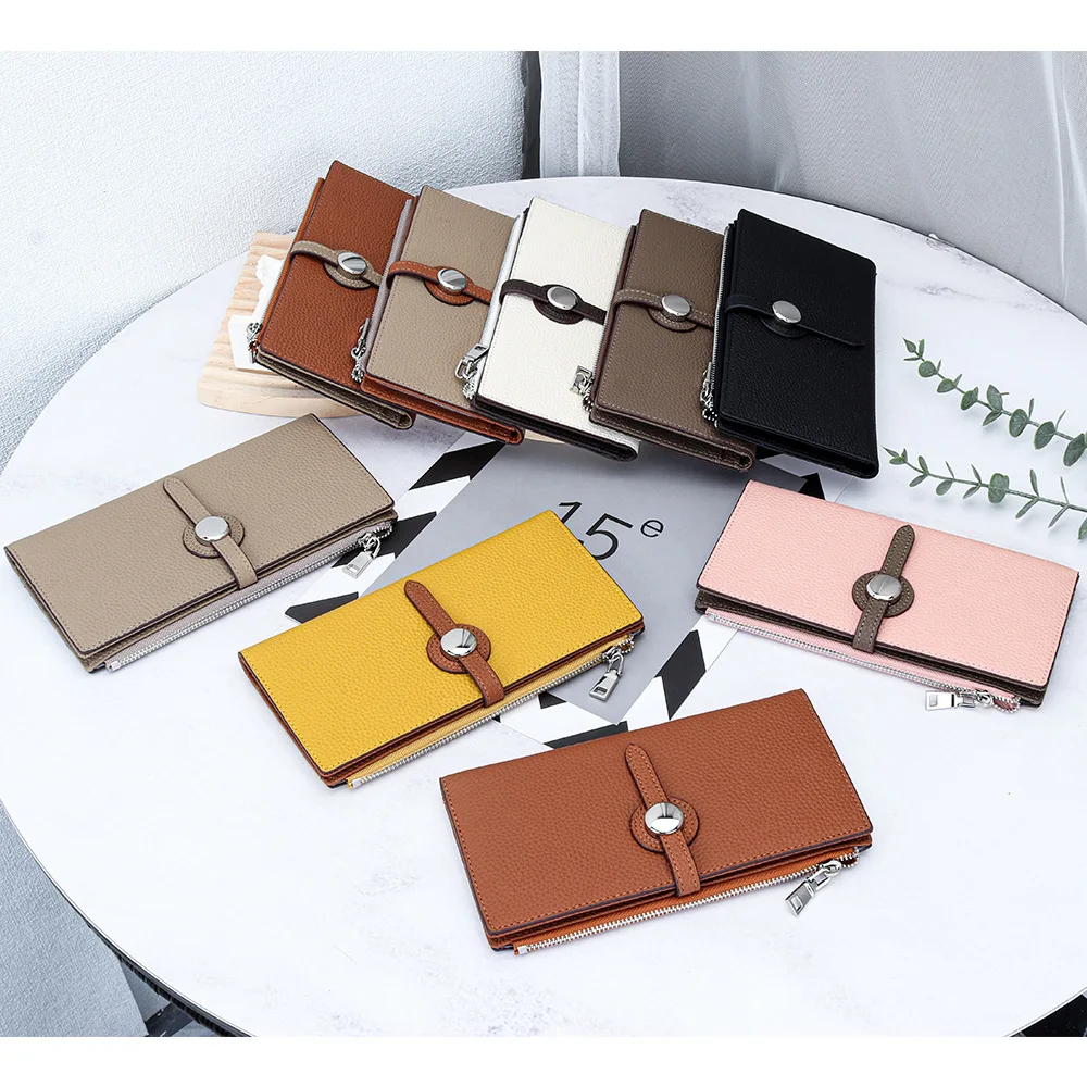 

First Layer Cowhide Long Women's Wallet 2024 New Fashion Color-matching Drawstring Folding Wallet Large Capacity Multi-card Slot