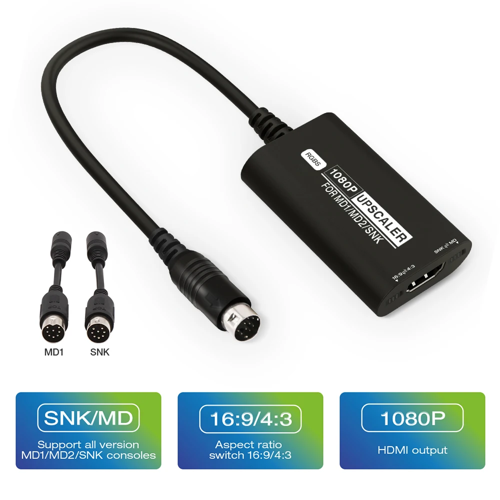 

RGBS Upscaler 1080P HDMI Converter Adapter For SEGA MD1 MD2 SNK Game Console with 16:9/4:3 Aspect Ratio Switch