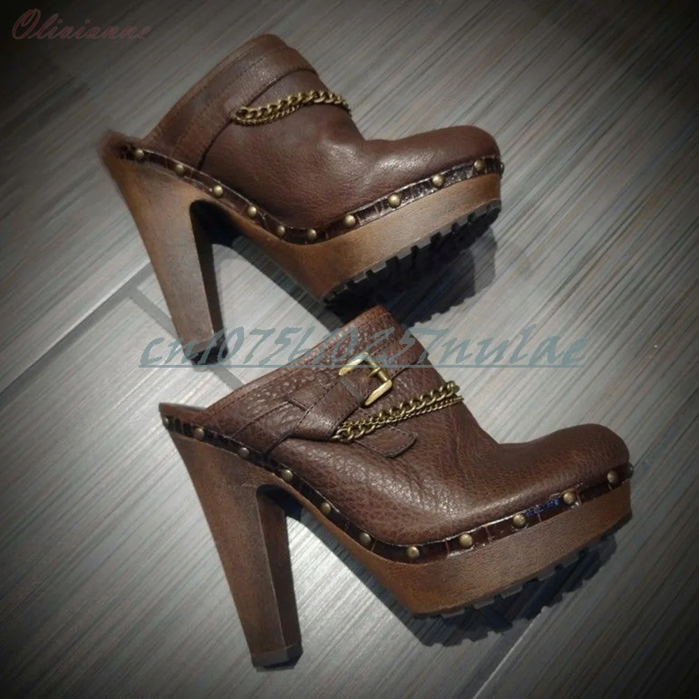 Braune Metallkette Dekor Schnalle Gürtelriemen Hausschuhe Retro Chunky High Heel Party Elegante Dame Damenschuhe 2026 Sexy Para Mujere