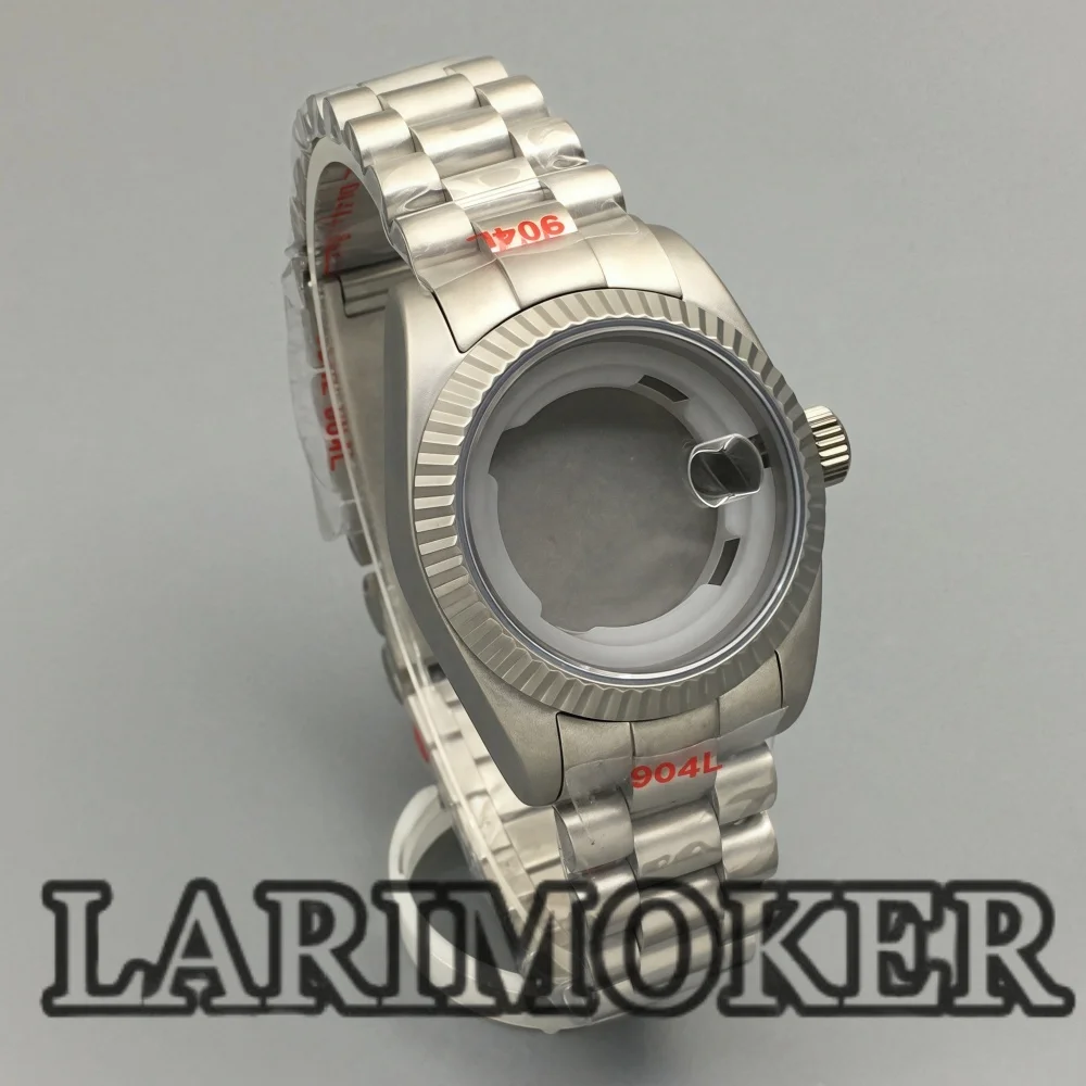 LARIMOKER 31 مللي متر علبة فضية غير لامعة من الفولاذ المقاوم للصدأ مع حزام مستدير مصقول مزمر زجاج الياقوت لحركة NH05 NH06