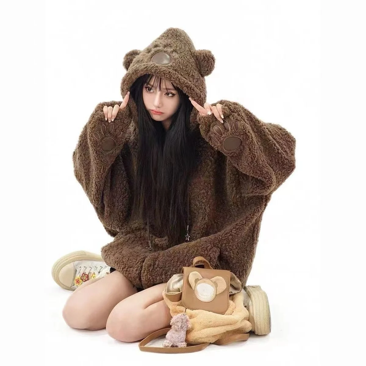 

Subculture японская толстовка с длинным рукавом с медвежьими ушками куртка женская повседневная толстовка Y2K Kawaii милый стиль Harajuku осеннее шикарное пальто