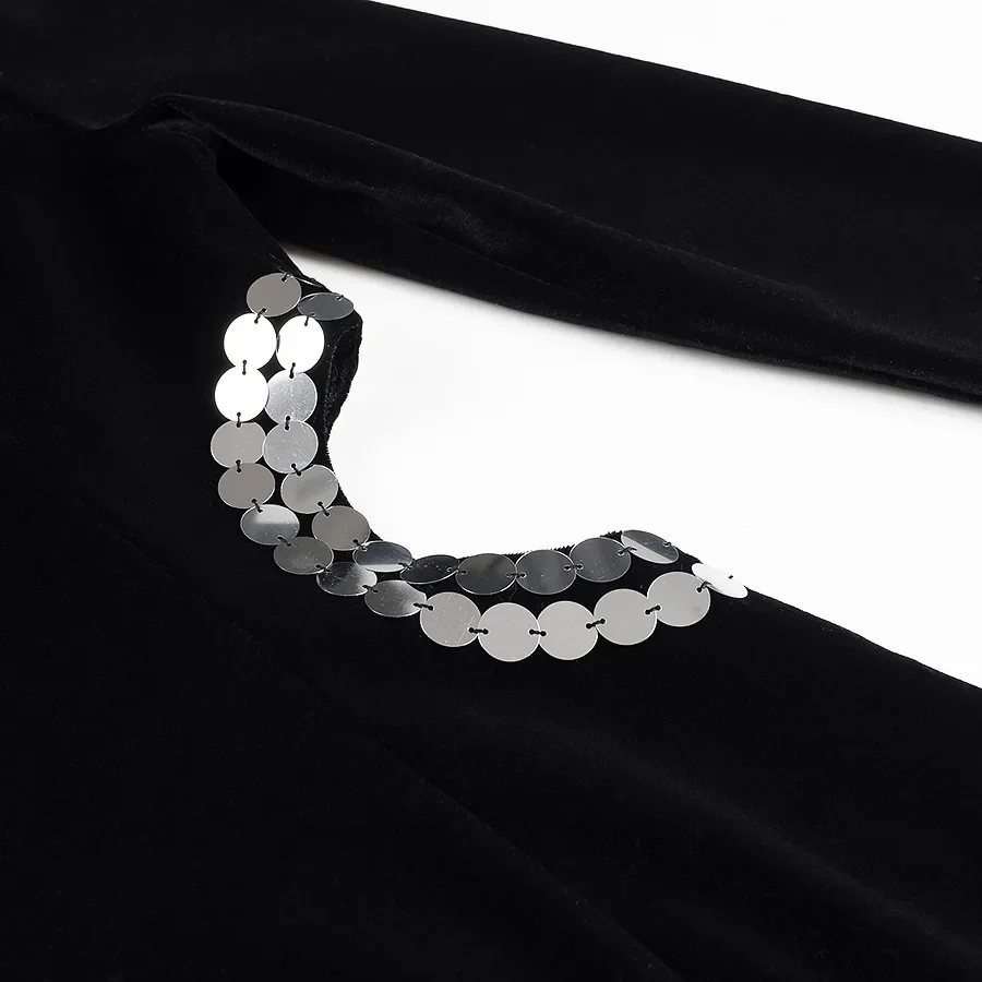 مثير الجوف خارج سبليت التخسيس فستان طويل الرقبة طويلة الأكمام فستان أسود مخملي العمل مكتب سيدة الترتر سليم فستان بأكمام طويلة