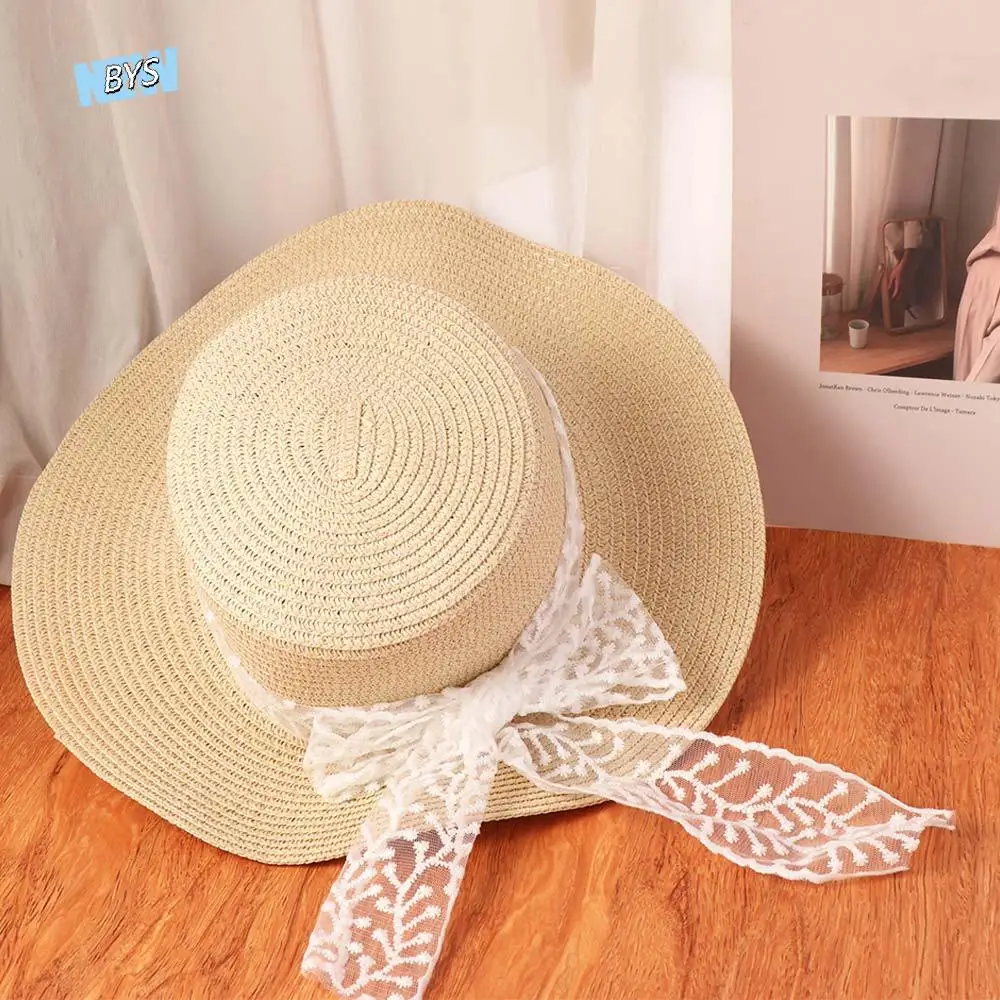 

Fashion French Style Bow Ribbon Straw Hat Wide Brim Spring Summer Flat Top Straw Hats Beach Travel Women's Sun Hat Female