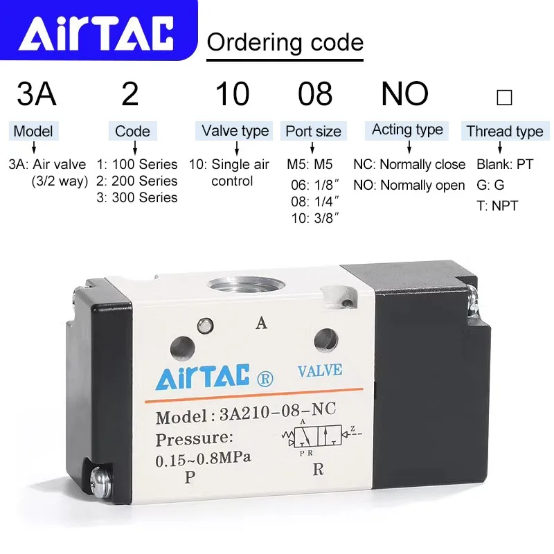 AIRTAC Original Pneumatic 3/2way Single  NC/NO Air Control Valve 3A110-M5 3A110-06 3A210-06 3A210-08 3A310-08 3A310-10