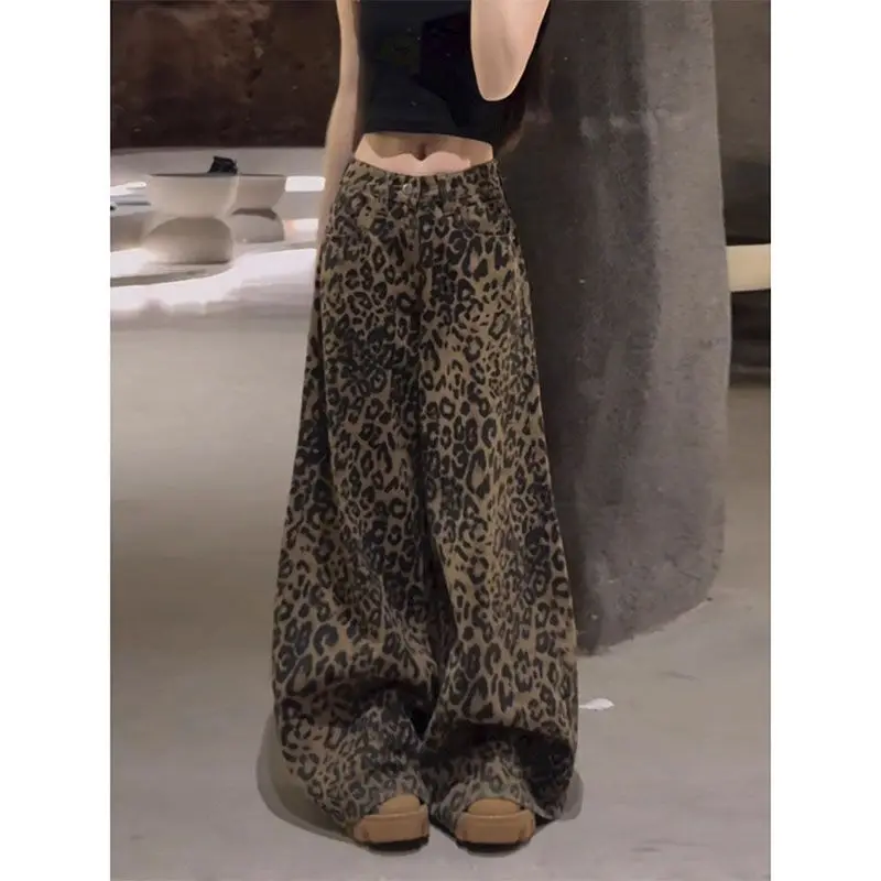 Retro Leopard Print Pants, Wide Leg Jeans, Women's New High Street Slimming, Loose Straight Leg Floor Pants