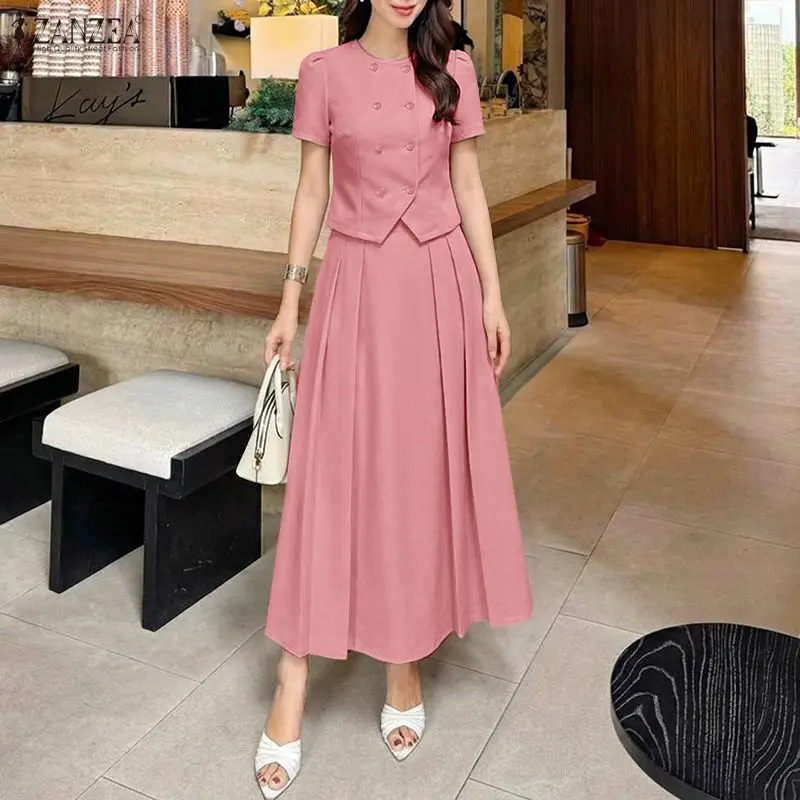 

Elegant Summer OL Work Dress Sets ZANZEA Office Women Outfits 2026 O Neck Short Sleeve Blouse Sundress Suit Satin 2 Pieces Sets